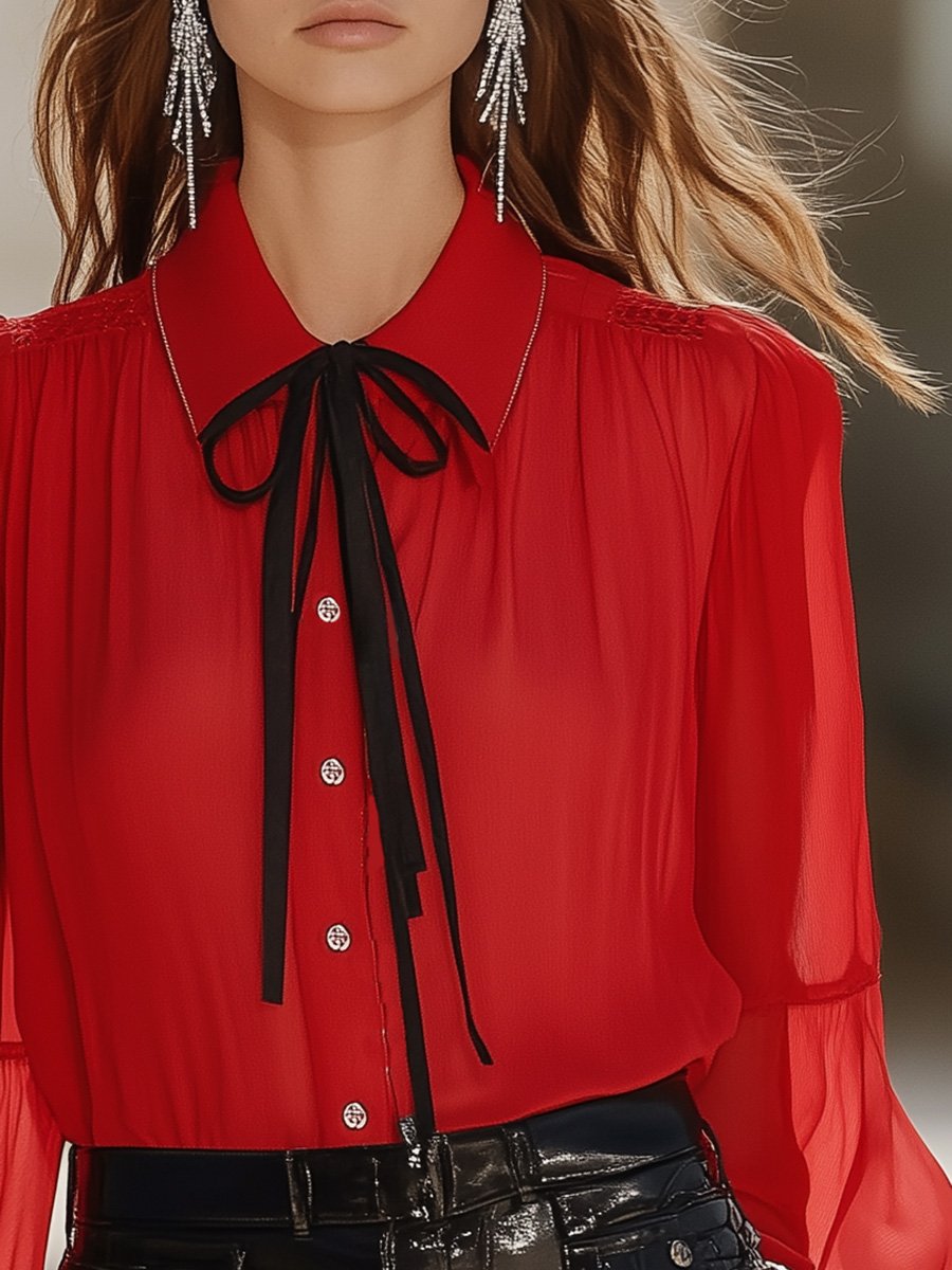 Fashionable and Chic Shoulder Pleated Transparent Puff Sleeves Tie Red Chiffon Shirt