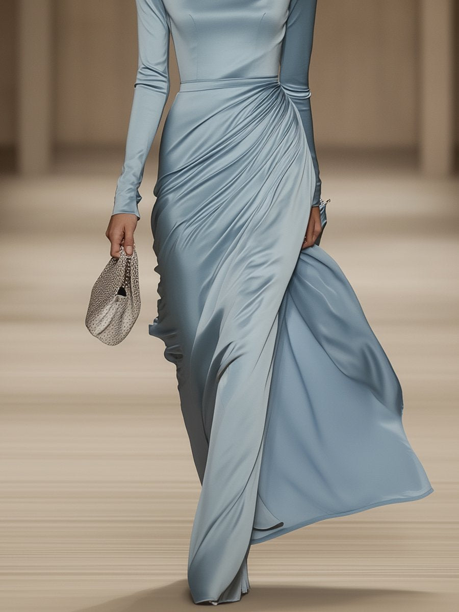 Elegant and Gentle Round Neck Blue Satin Long Sleeve Maxi Dress