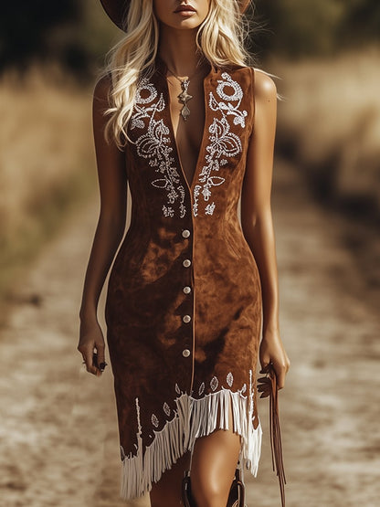 Vintage Western Paisley Brown Suede Vest Dress