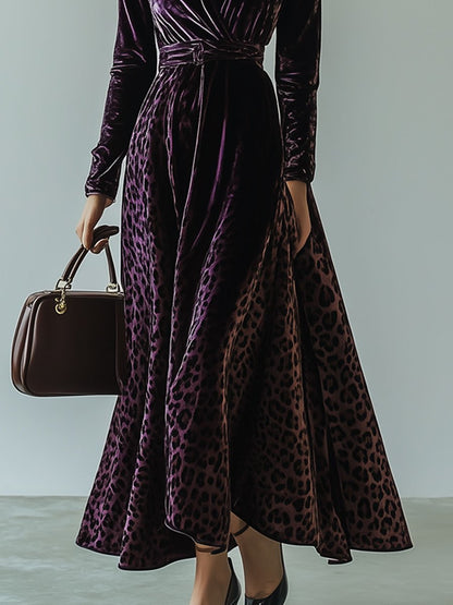 V-Neck Vintage Velvet Leopard Print Long-Sleeved Maxi Dress