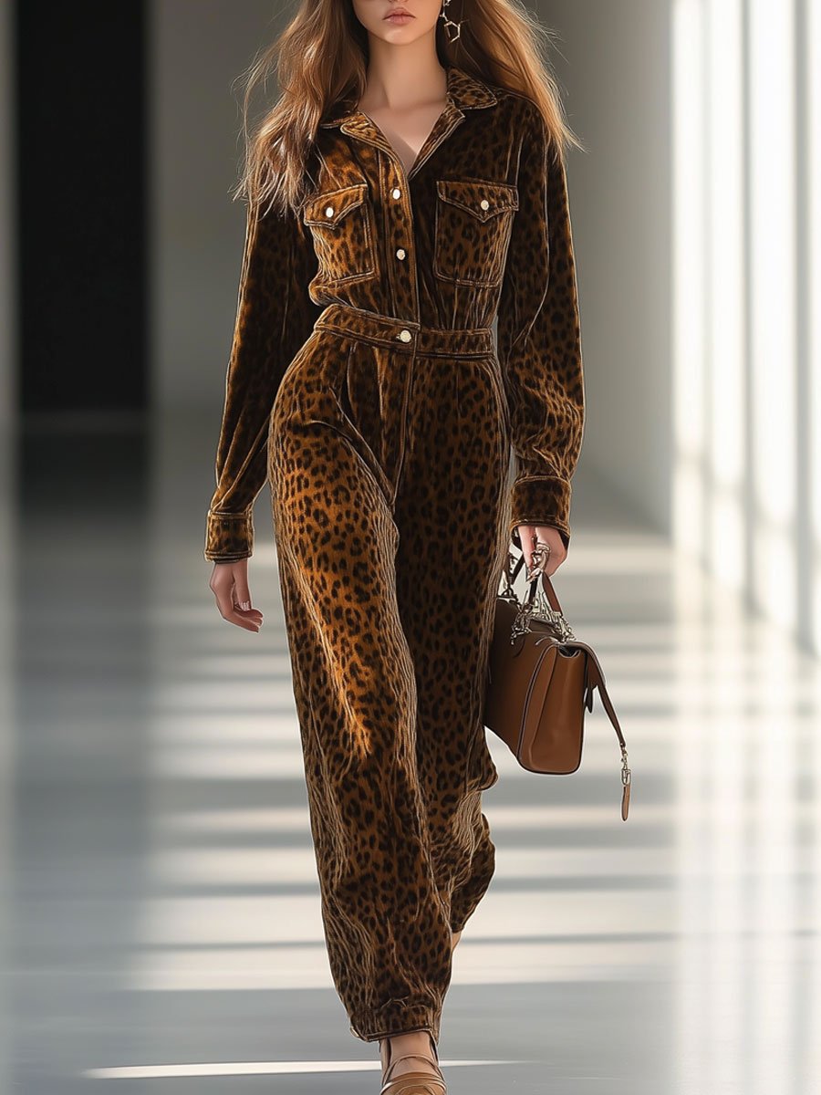 Casual Loose Retro Velvet Leopard Print Multi-Pocket Long Sleeve Jumpsuit