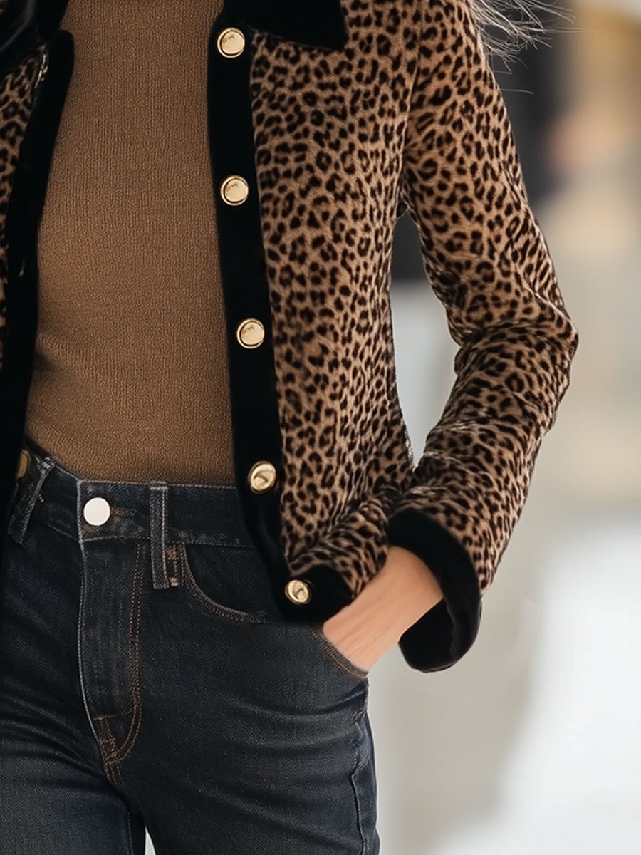 Casual Loose Vintage Velvet Leopard Print Black Trim Single-Breasted Coat