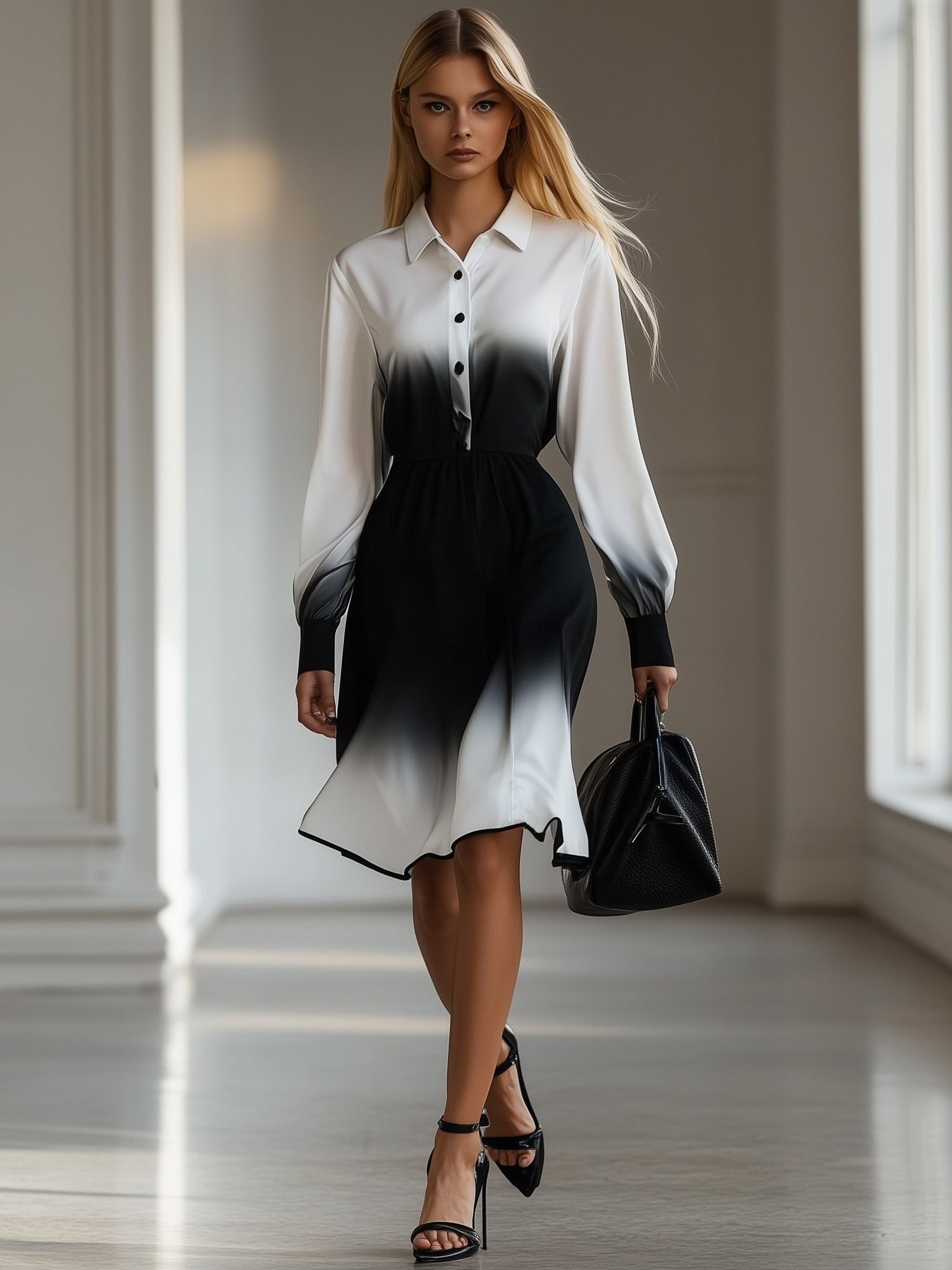 Artistic Black and White Gradient Long Sleeve Midi Dress