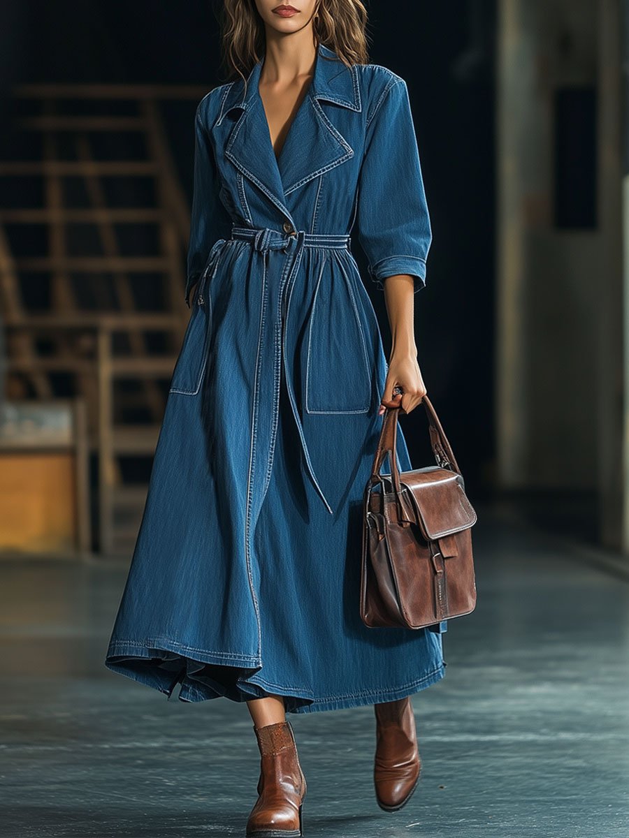 Casual Loose Retro Pocket Belted Dress Style Denim Trench Coat