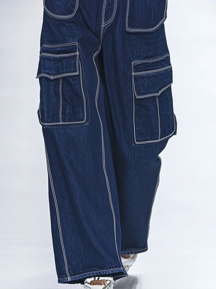 Casual And Fashionable Contrast Color Stitching Multi-Pocket Wide-Leg Jeans