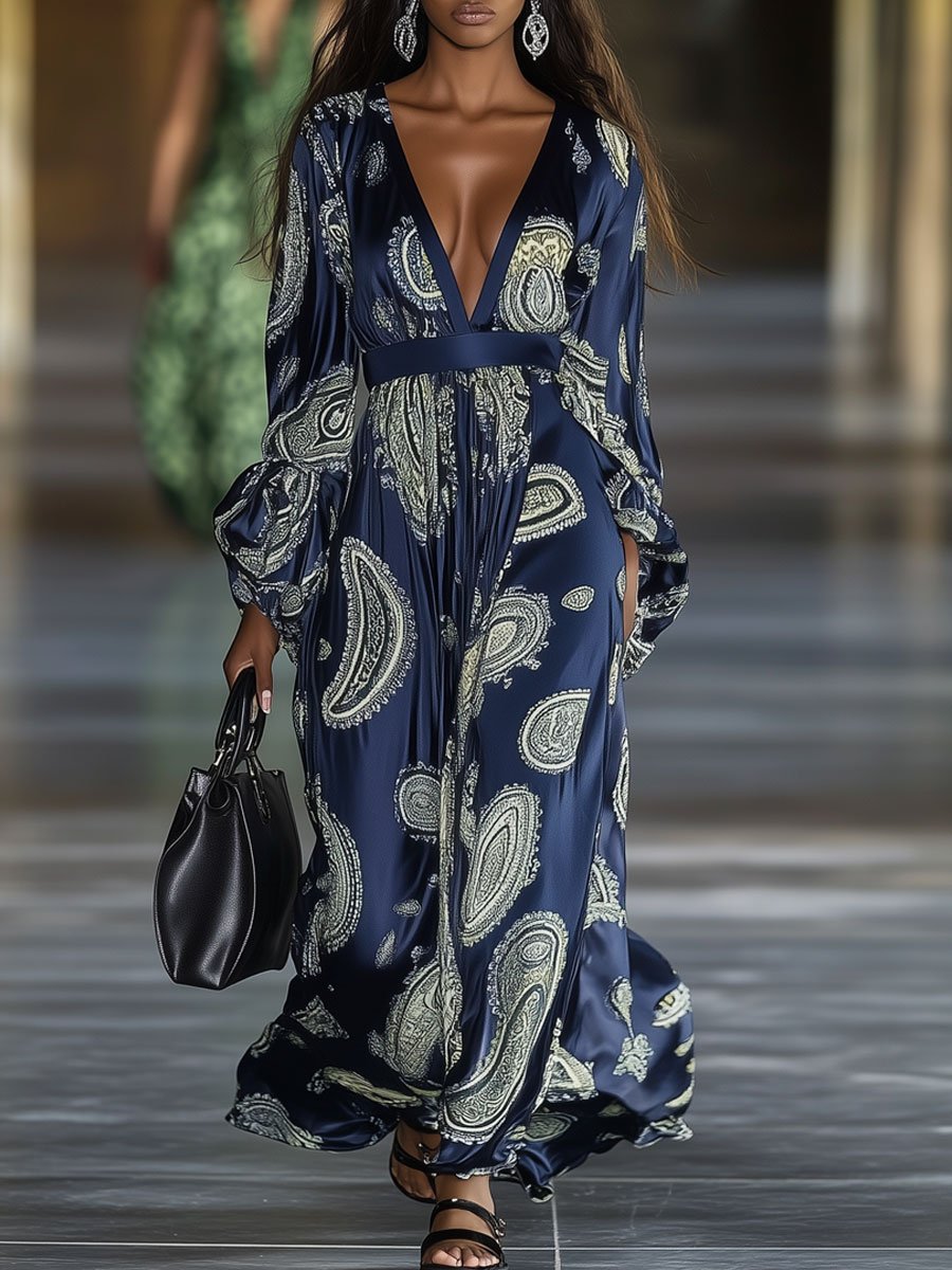 Fashionable Cashew Flower Print Navy Satin Flower Bud Long Sleeve Maxi Dress