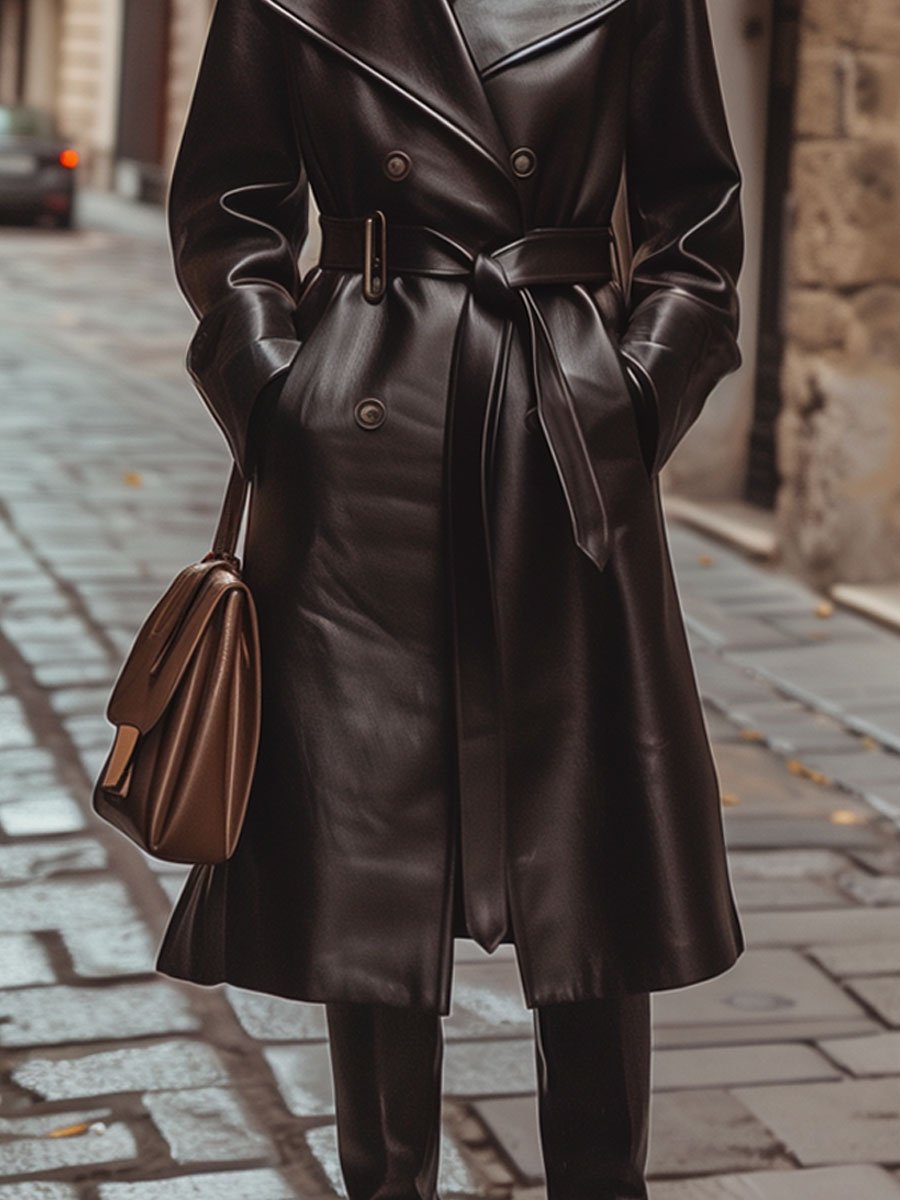 Casual Loose Fit Double Breasted Belted Pocket Leather Trench Coat