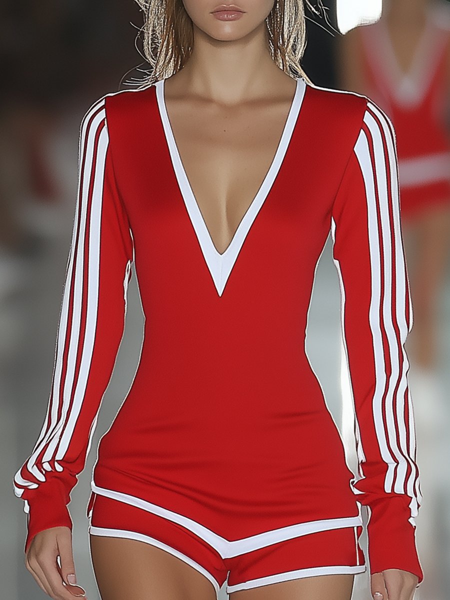 Sport Personality V-neck White Stripe Decoration Long Sleeve Red Short Jumpsuit