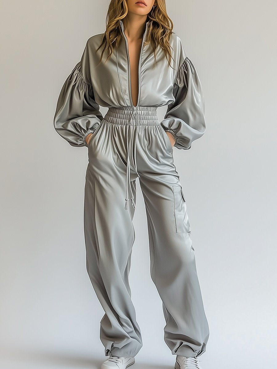 Elegant and Fashionable Zipper Luxury Satin Grey Puff Sleeve Jumpsuit