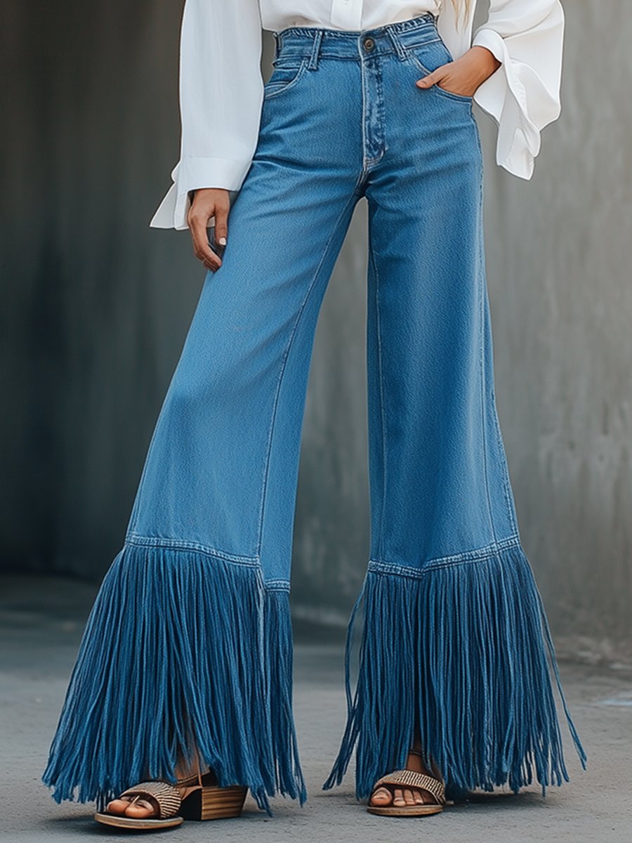 Retro Loose Fashionable Tassel Stitching Wide-Leg Jeans