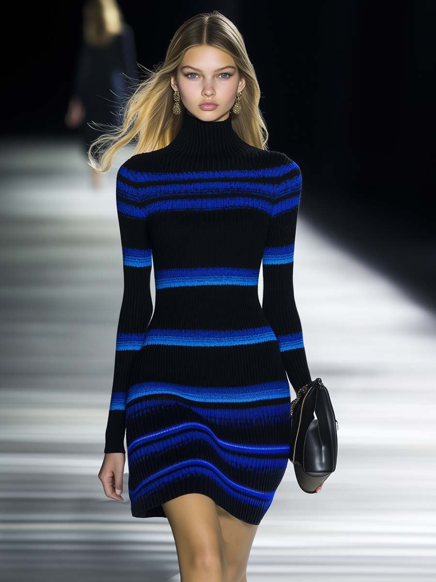 Elegant High-neck Blue and Black Contrast Knitted Mini Dress