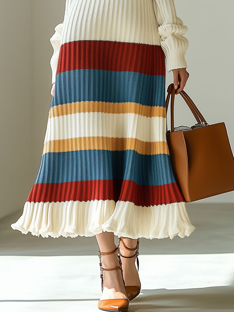 Fashion Retro Striped Long Sleeve Turtleneck Knitted Midi Dress