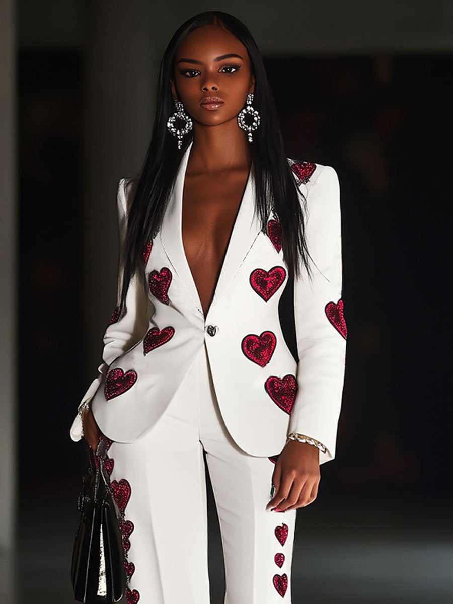 Casual Loose Heart Embroidery White Suit Jacket Flared Pants Set