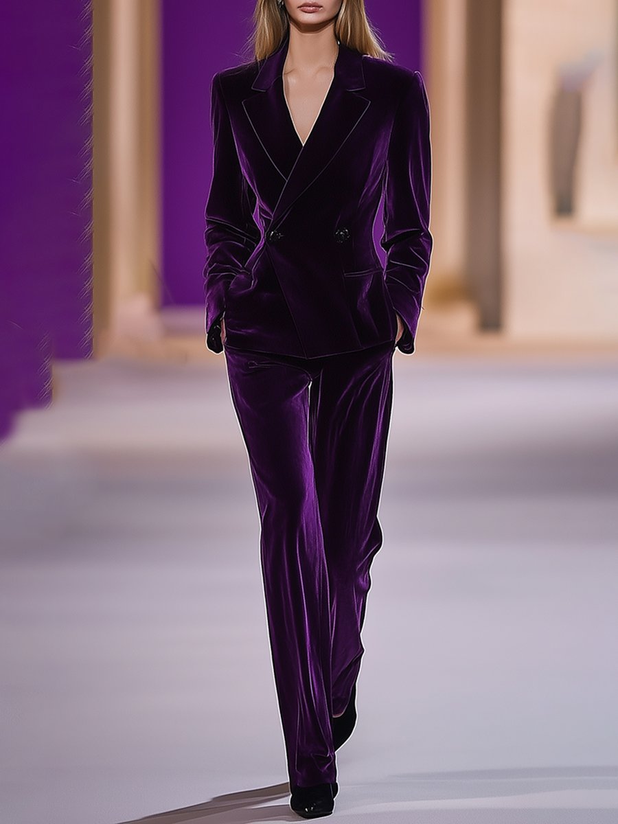 High-End Temperament Loose Retro Purple Velvet Suit