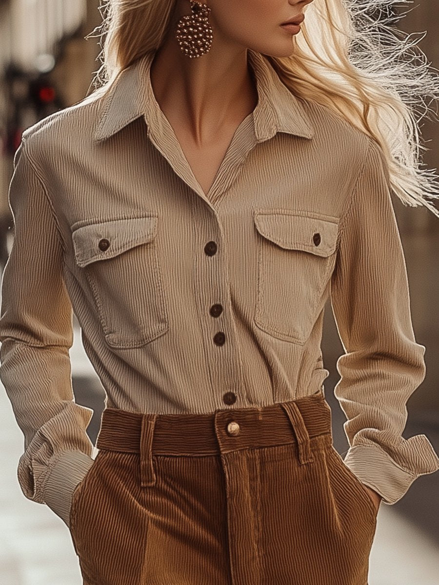 Casual Loose Corduroy Lapel Long Sleeve Blouse