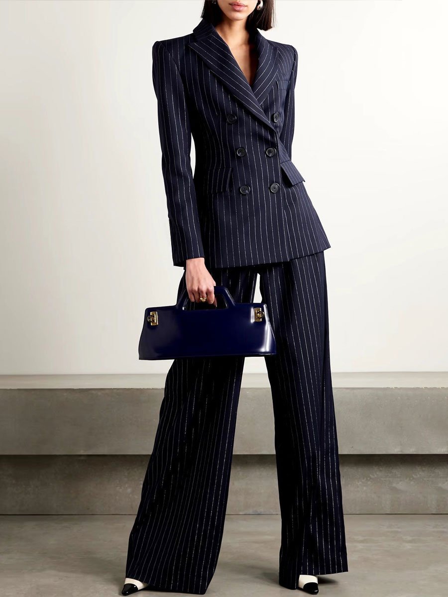 Casual Loose Retro Navy Striped Double Breasted Suit Jacket Pants Set