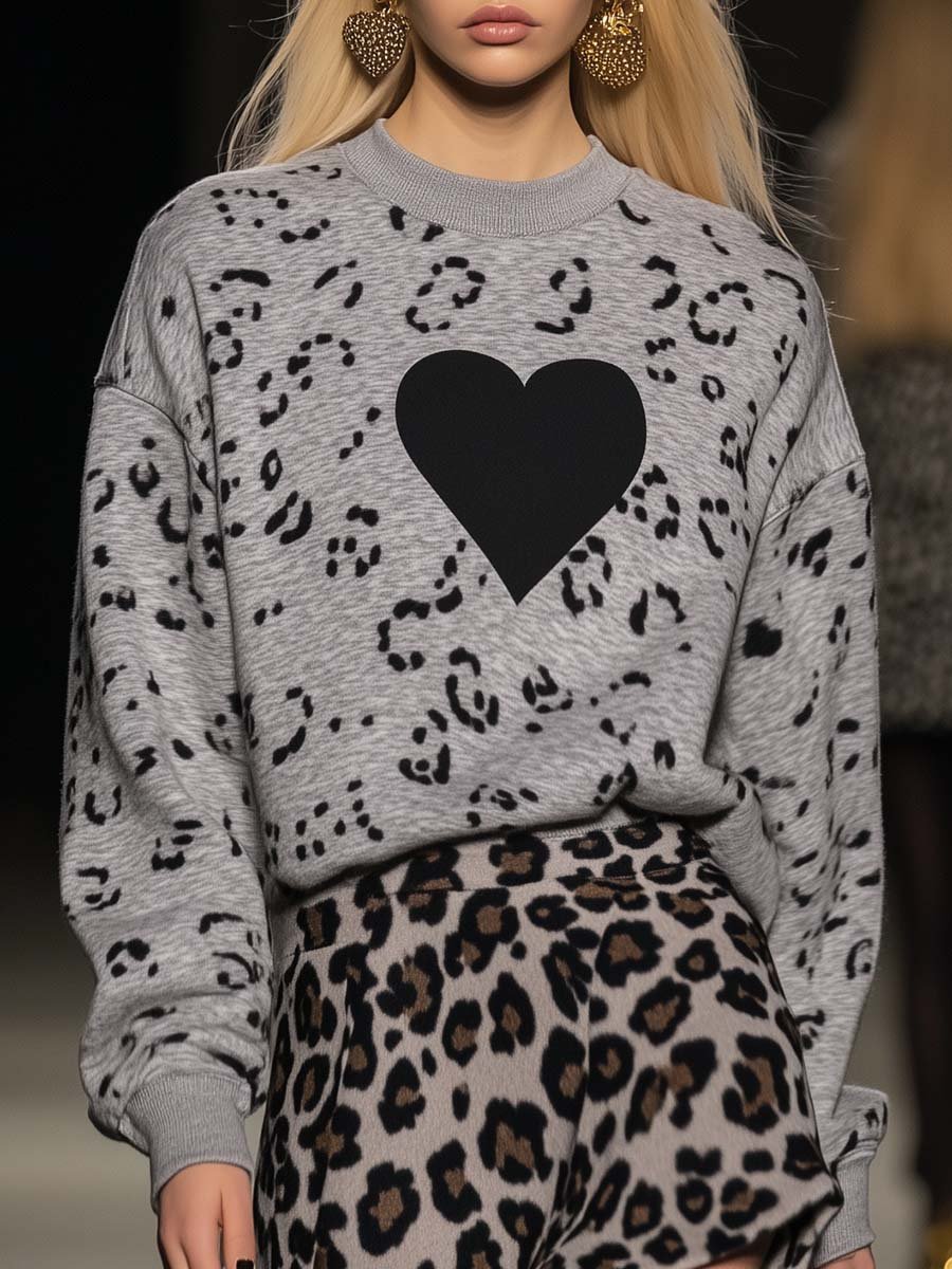 Fashionable Round Neck Heart Leopard Print Grey Sweatshirt