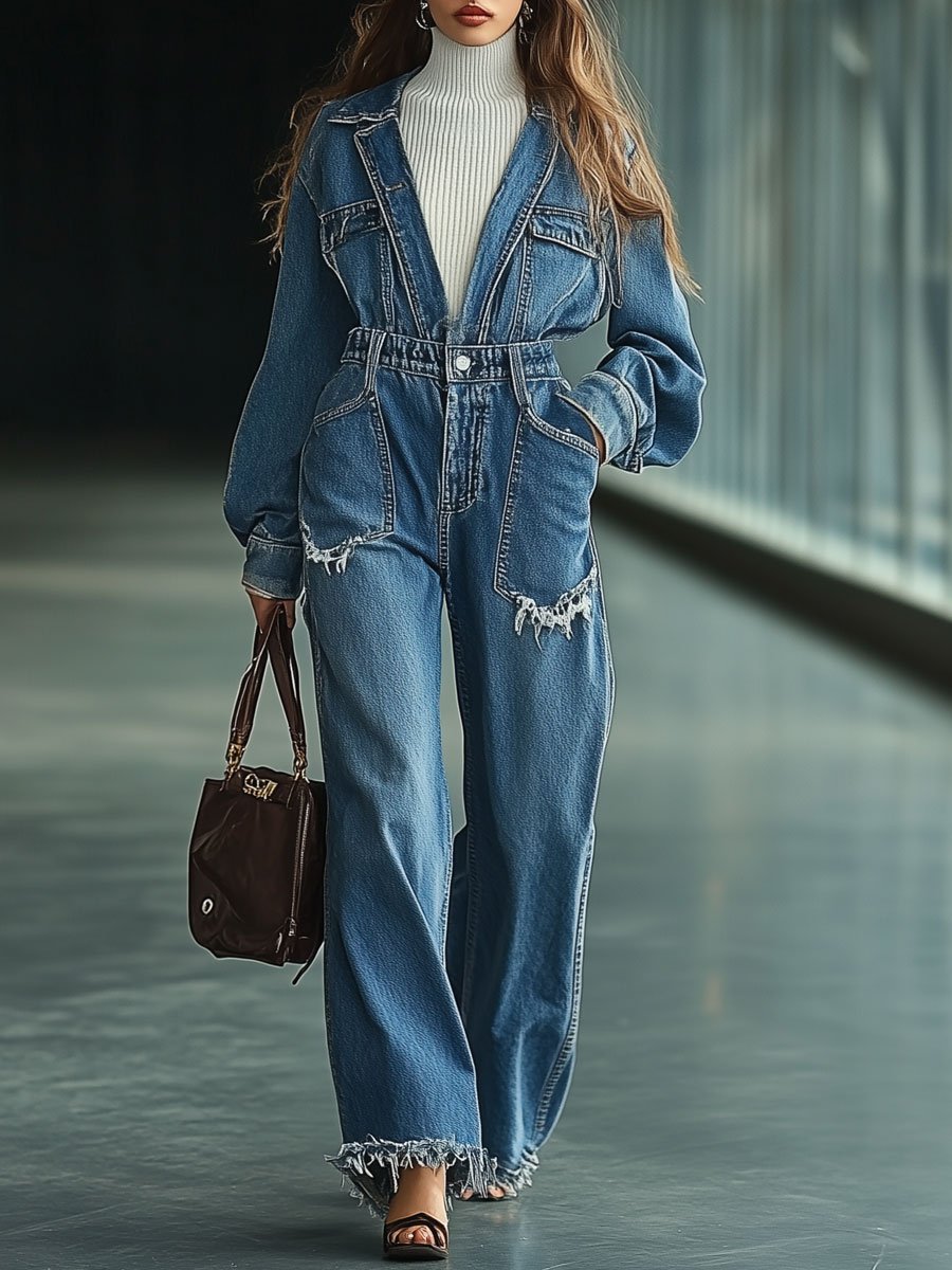 Casual Retro Raw Edge Pocket Denim Long Sleeve Straight Jumpsuit