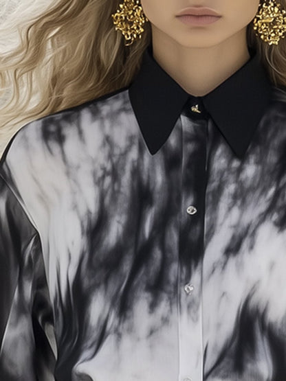 Casual And Fashionable Loose Black And White Tie-Dye Shirt