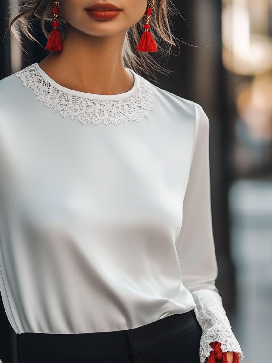 Loose Fashion White Satin Lace Long Sleeve Round Neck T-Shirt