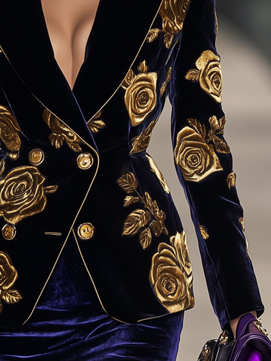 Casual Slim Fit Vintage Black Velvet Gold Rose Print Gold Trim Blazer