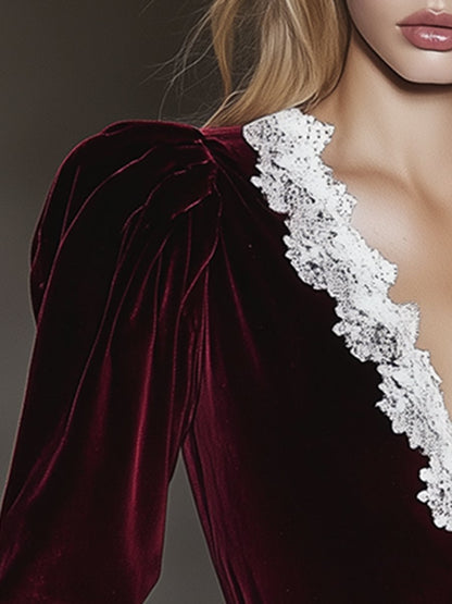 Retro And Fashionable Temperament Exquisite V-Neck Lace Puff Sleeve Velvet Shirt