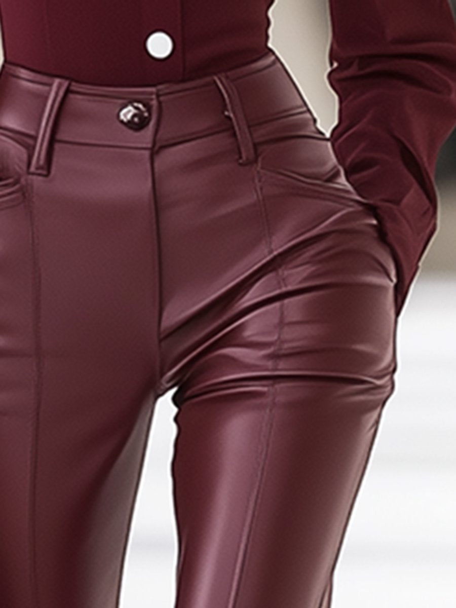 Retro And Stylish High-End Burgundy Leather Flared Pants