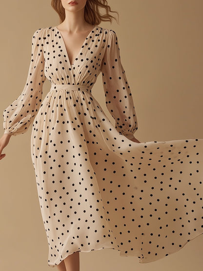 Romantic Polka Dot V-neck Beige Long Sleeve Maxi Dress