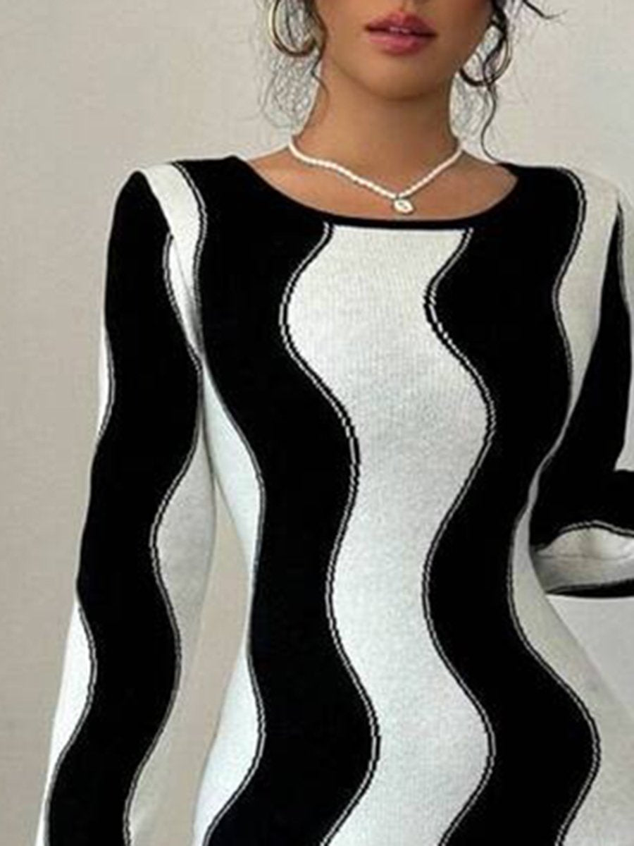 High-End Fashionable Black And White Knitted Midi Dress