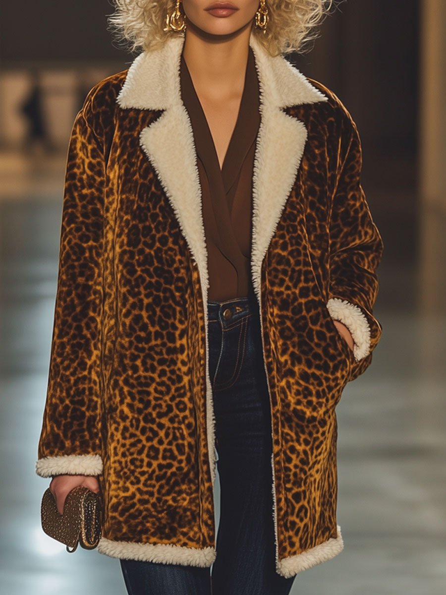 Casual Loose Retro Velvet Leopard Print Lamb Wool Patchwork Coat