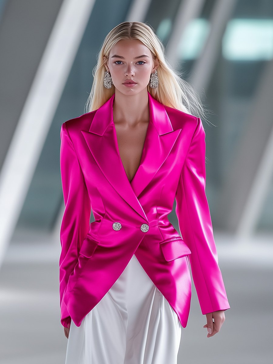 Stylish and Eye-catching Bright Pink Satin Blazer with Satin Blazer