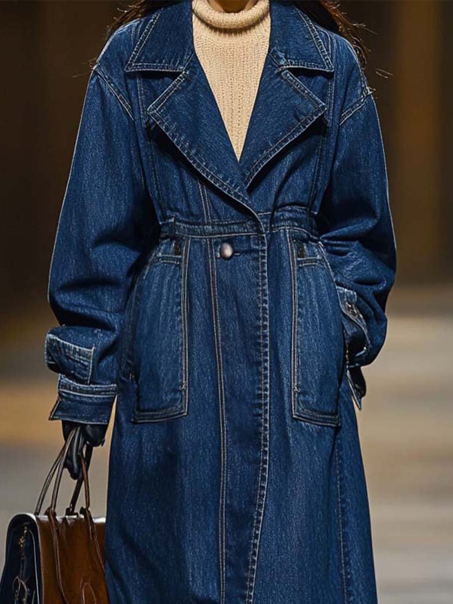 Retro Fashion Loose Fit Large Pocket Denim Trench Coat