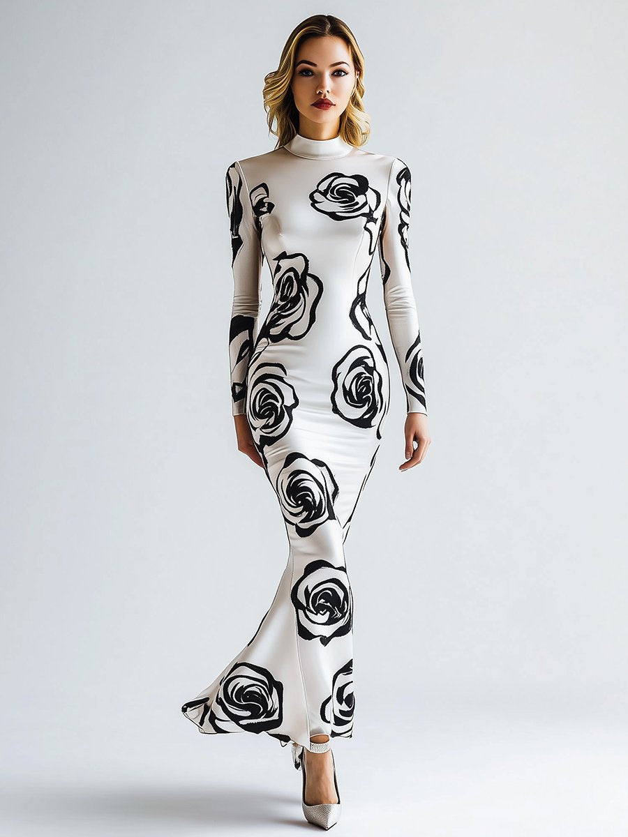 Fashion Rose Printed Half-high Collar White Satin Maxi Dress