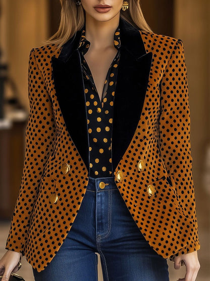 Casual Loose Vintage Velvet Polka Dot Lapel Metal Button Blazer