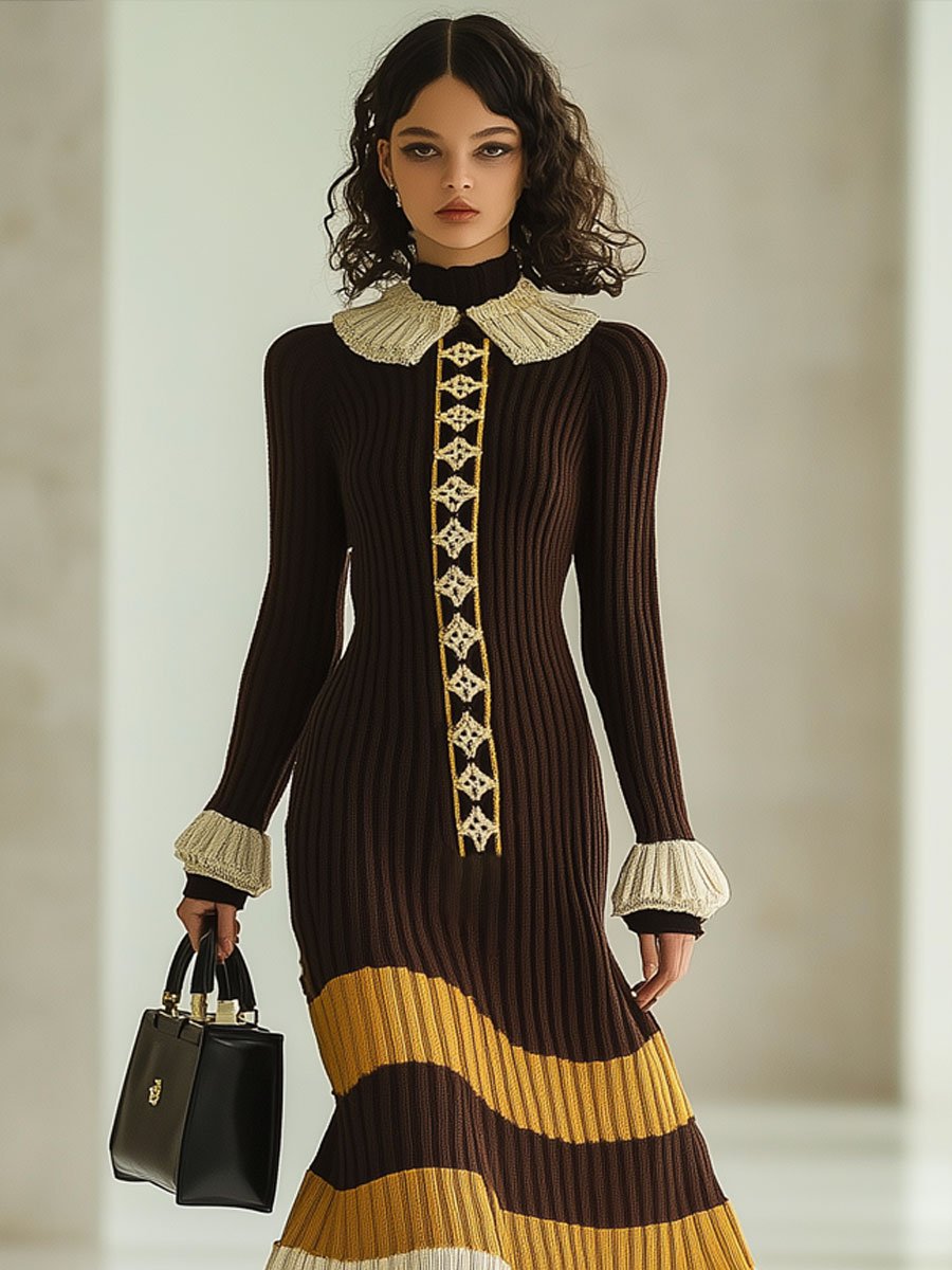 Fashion Loose Retro Striped Colorblock Knitted Long Sleeve Midi Dress