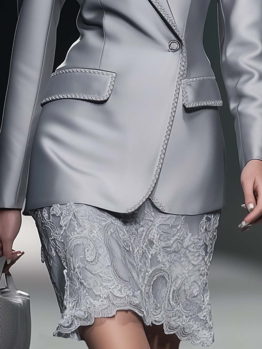 Elegant Commuter Gray Satin Blazer and Lace Skirt Suit