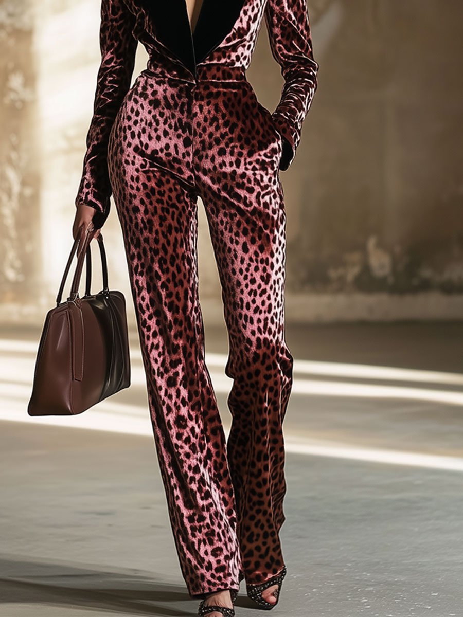 Casual Loose Retro Velvet Leopard Print Colorblock Lapel Long Sleeve Jumpsuit