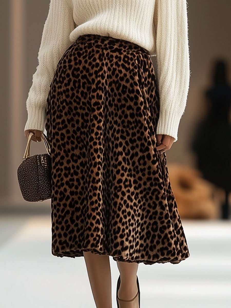 Casual Loose Retro Round Neck Sweater Velvet Leopard Skirt Set