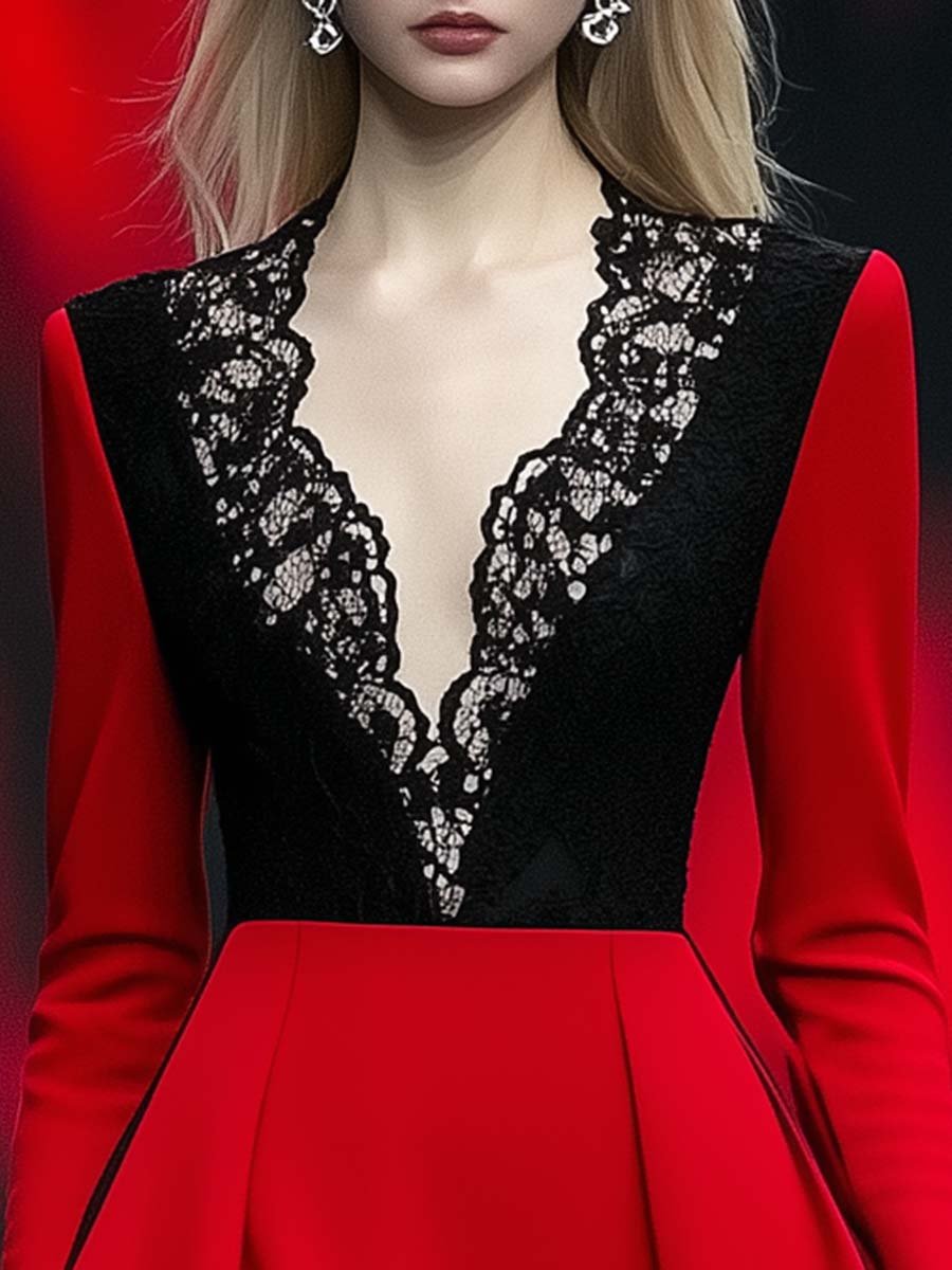 Elegant and Fashionable Lace V-neck Contrast Red Mini Dress