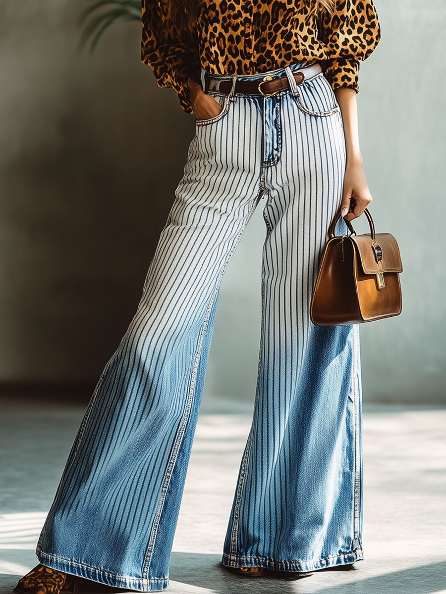 Casual Fashion Retro Gradient Stripe Print High Waist Wide Leg Jeans