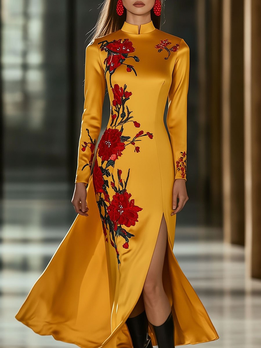 Fashion Retro Floral Embroidery Gold Satin Slit Long Sleeve Maxi Dress