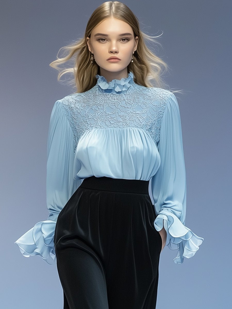 Elegant and Intellectual Baby Blue Ruffled Half-high Collar Chiffon Lace Top Blouse