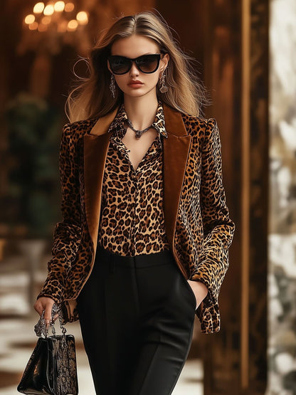 Casual Loose Vintage Velvet Leopard Print Solid Lapel Blazer