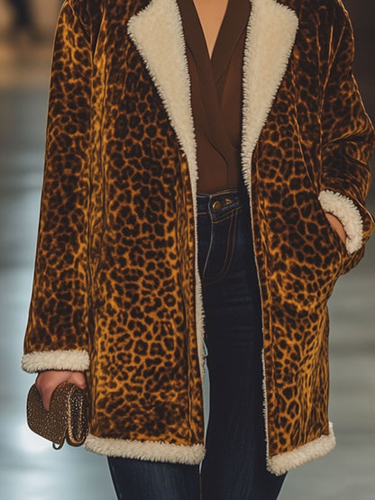 Casual Loose Retro Velvet Leopard Print Lamb Wool Patchwork Coat