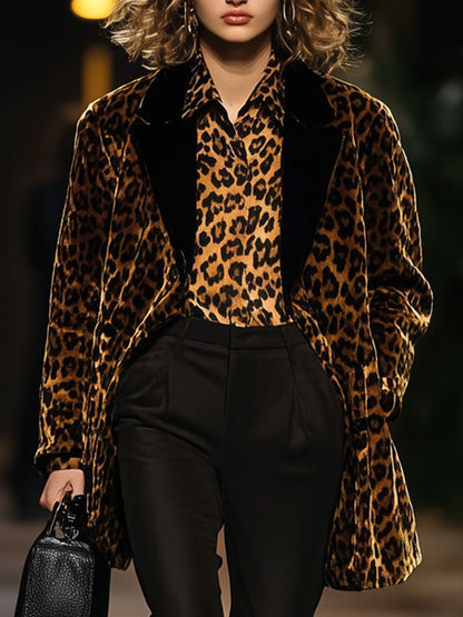 Casual Loose Retro Velvet Leopard Print Contrast Lapel Blazer