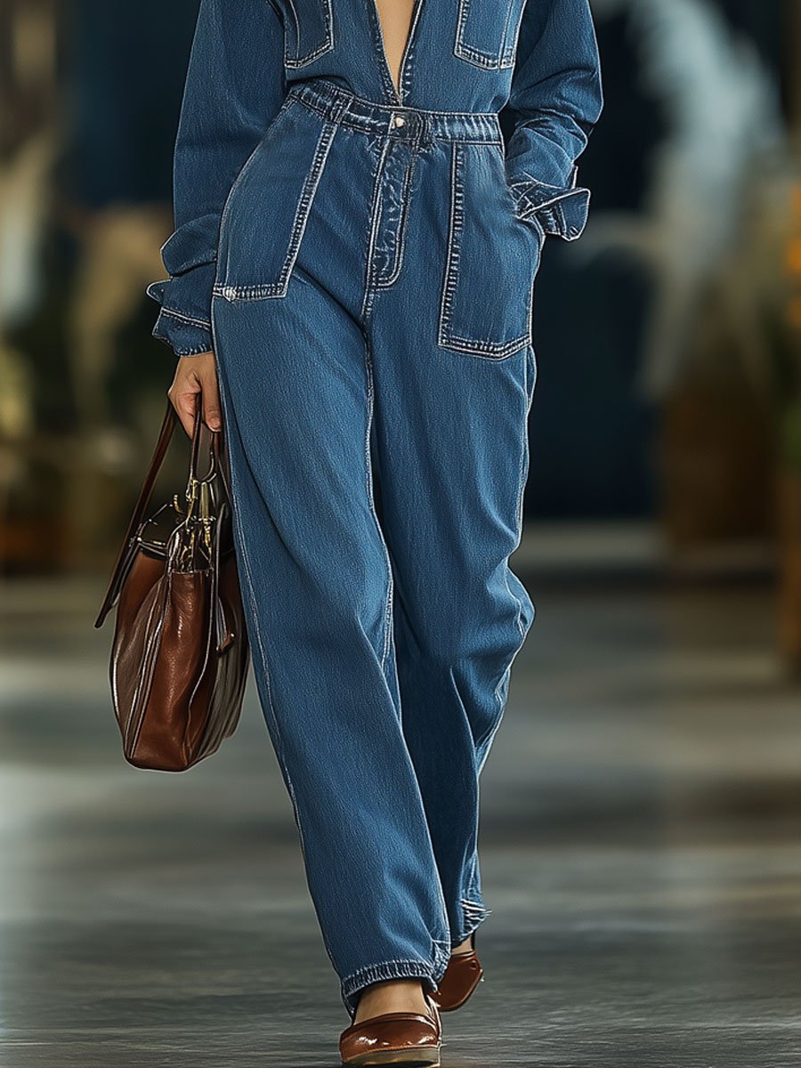 Casual Retro Multi-Pocket Elastic Waist Denim Long Sleeve Straight Jumpsuit