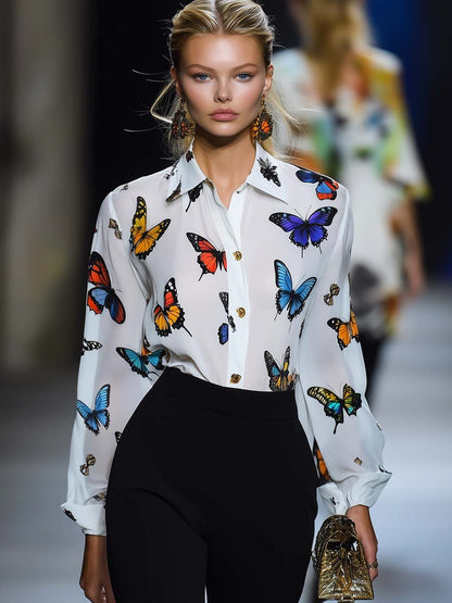 Elegant and Flowing Butterfly Print White Chiffon Shirt