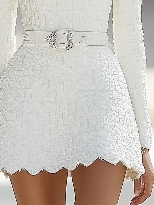 Elegant High-End Wavy Skirt White Long-Sleeved Mini Dress