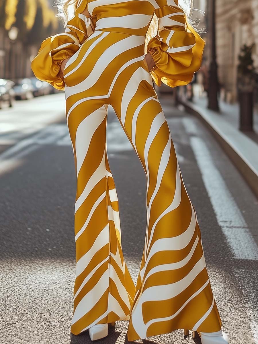 Fashion Off-the-shoulder Puff Sleeve White Satin Yellow Striped Jumpsuit