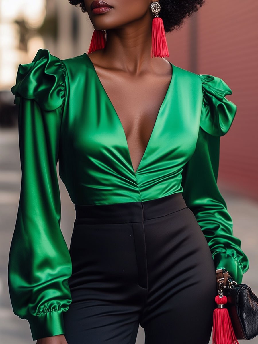 Retro Fashion Green Satin V-Neck Long Sleeve Blouse